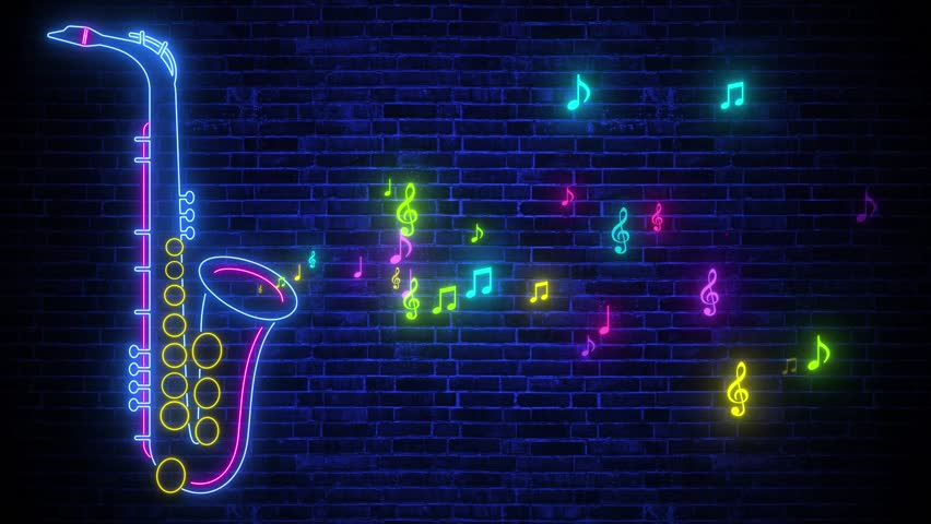 neon lights colorful musical notes and saxophone sign on brick wall background jazz music cafe, concert and bar 4k animation	 - Powered by Shutterstock - Get 15% off with code: PIKWIZARD15
