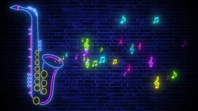 neon lights colorful musical notes and saxophone sign on brick wall background jazz music cafe, concert and bar 4k animation	 - Powered by Shutterstock - Get 15% off with code: PIKWIZARD15
