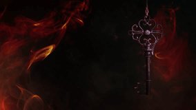 Swinging Skeleton Key in Dark Smoke 4K Loop features a skeleton key swinging by a rope with slow moving abstract red flames and smoke rising in a loop. - Powered by Shutterstock - Get 15% off with code: PIKWIZARD15