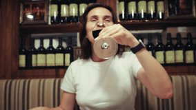 Beautiful woman enjoying dinner date flirting with male. Happy couple drinking red wine making toast celebrating. High quality 4k footage - Powered by Shutterstock - Get 15% off with code: PIKWIZARD15