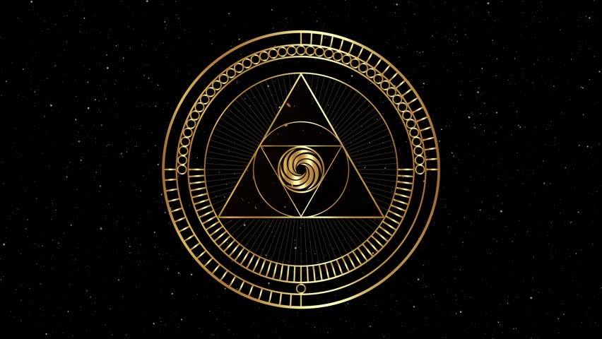 Animation of gold Sacred Geometry, gear in motion of geometric shapes Circles and triangles in golden proportion, Mystical logo design, masonic simbol, occult magic spiral on galaxy. Video looping 