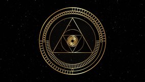 Animation of gold Sacred Geometry, gear in motion of geometric shapes Circles and triangles in golden proportion, Mystical logo design, masonic simbol, occult magic spiral on galaxy. Video looping  - Powered by Shutterstock - Get 15% off with code: PIKWIZARD15