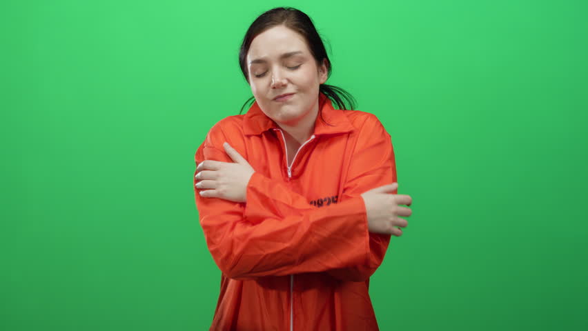 Woman embraces herself wearing orange prison jumpsuit against vibrant green backdrop symbolizing self-care or loneliness in confinement context.