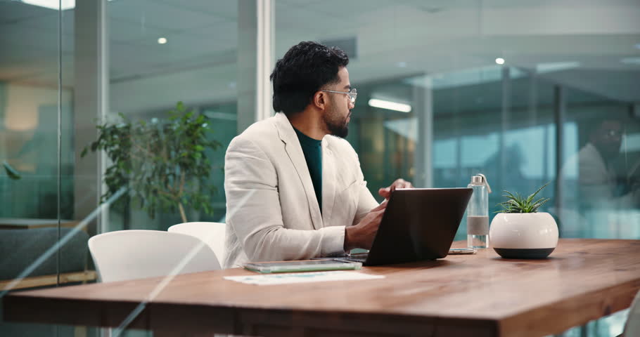 Man, laptop and check watch at office, waiting and stress for interview, schedule and typing at job. Person, human resources manager and time with late candidate, computer and recruitment at agency