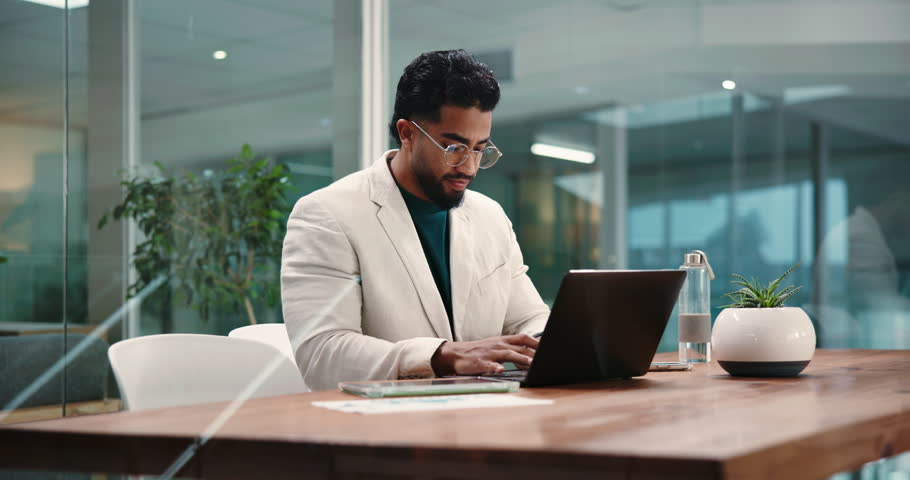 Man, laptop and check watch at office, waiting and stress for interview, schedule and typing at job. Person, human resources manager and time with late candidate, computer and recruitment at agency