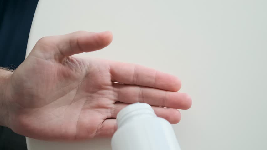 Man pouring beige probiotic capsules in hand from medicine bottle. Nutritional supplement. Gut health, daily wellness routine, digestive support, immune system enhancement and balance in microbiome