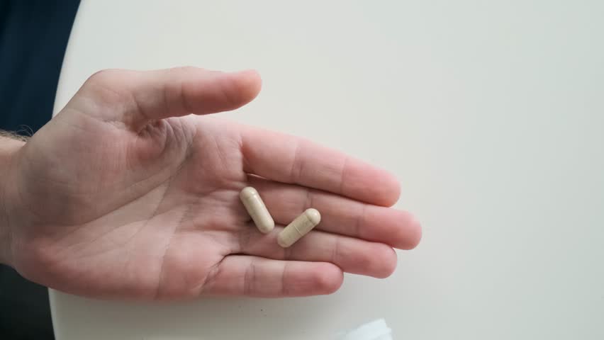 Man pouring beige probiotic capsules in hand from medicine bottle. Nutritional supplement. Gut health, daily wellness routine, digestive support, immune system enhancement and balance in microbiome