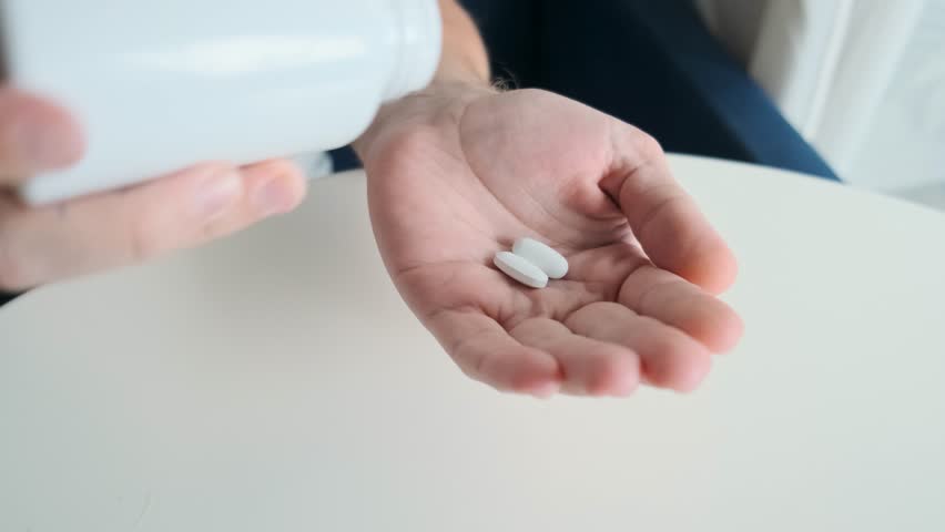 Man pouring white pills in male hand from medicine bottle. Palm of medical specialist with antibiotics for recovery, treatment and supplementation. Healthcare, medication adherence
