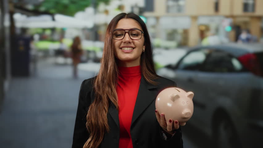 Young hispanic woman smiling on street holding piggy bank outdoors in city wearing glasses black jacket red shirt surrounded by cars and blurred background.