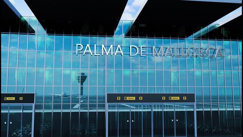 Airlane landing at Palma de Mallorca. Arrival in the city with reflection of airport and aircraft