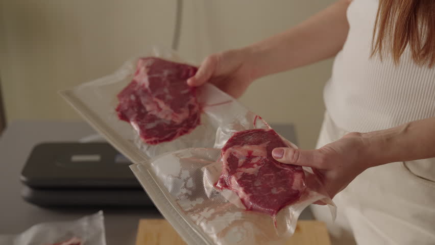 Chef woman holding and examining prepared two pieces of fresh red meat, after packaging in vacuum-sealed plastic bags for sous-vide cooking or long-term freezer storage, close-up, slow motion.