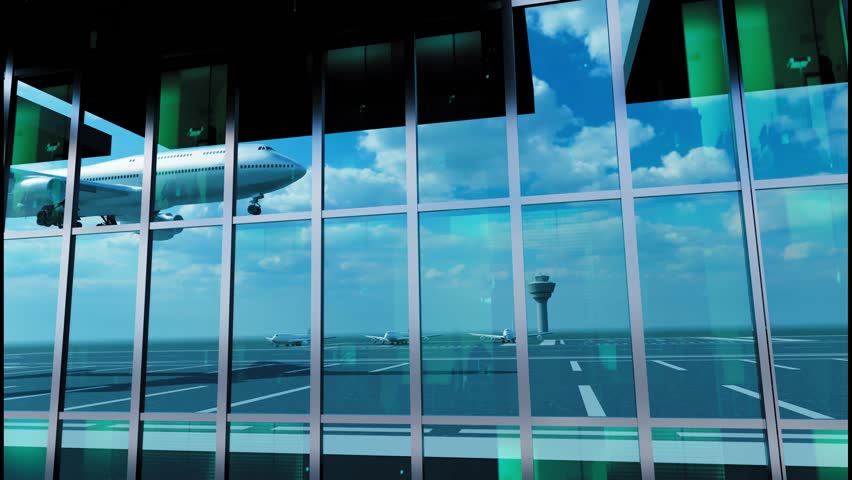 Airlane landing at Rome. Arrival in the city with reflection of airport and aircraft