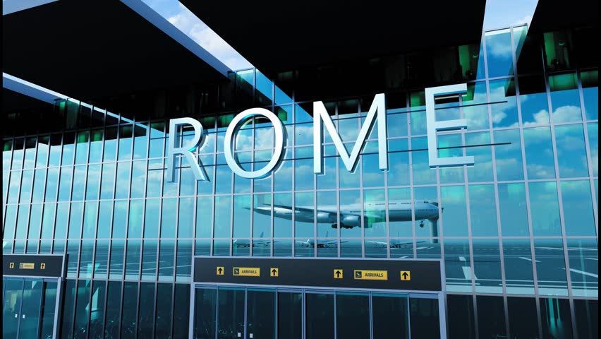 Airlane landing at Rome. Arrival in the city with reflection of airport and aircraft