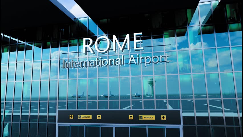 Airlane landing at Rome Airport. Arrival in the city with reflection of airport and aircraft