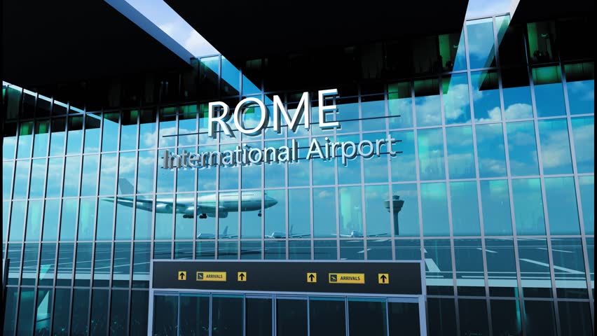 Airlane landing at Rome Airport. Arrival in the city with reflection of airport and aircraft