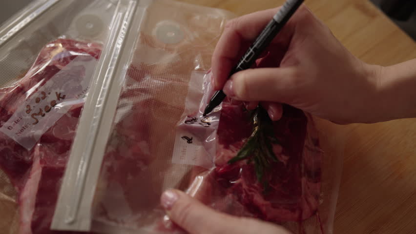 Professional chef marking vacuum-sealed bag with seasoned beef steak, labeling details before sous vide cooking or long-term freezer storage. Concept of efficient food preservation and storage.