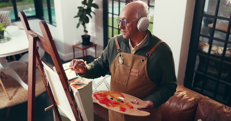 Headphones, senior man and painting for art in home, inspiration song and dancing for talent. Elderly person, music and artist with brush for retirement hobby, creative drawing and listening to audio