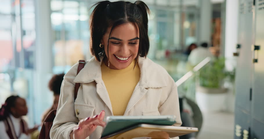 Fist pump, student and woman on tablet at college for results of assignment, exam and assessment. University, school and excited person on digital tech for online mark, pass test or scholarship news