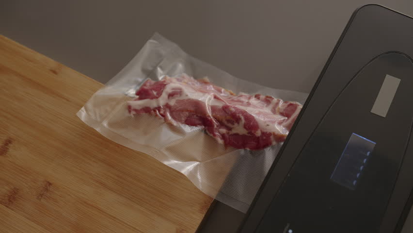 Culinary professional checking vacuum-sealed bacon package, maintaining food quality and extending preservation for professional kitchen or home meal preparation, close-up. Shooting in slow motion.