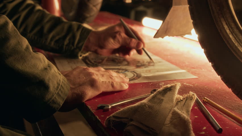 Close-up shot of unrecognizable mechanic using pencil to make notes on detailed motorcycle blueprint before repairing it in workshop