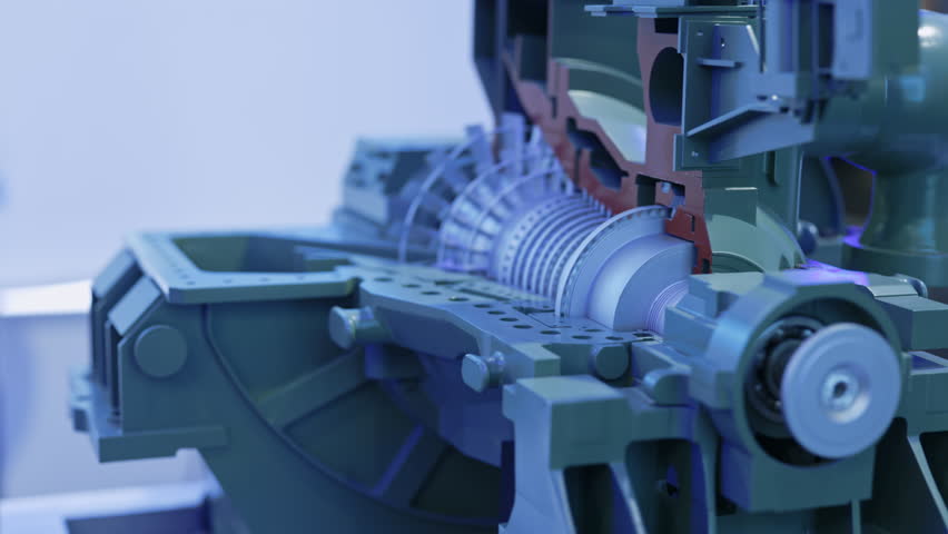 Detailed view of an industrial turbine cross-section with visible rotating shaft and blades. Technical demo showcasing internal engine mechanics and gear motion