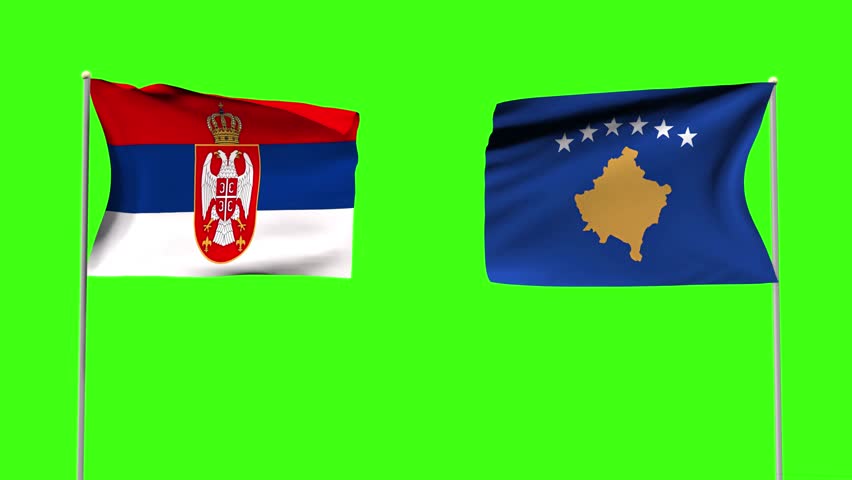 4k political, military conflict or war between Serbia vs Kosovo, 3d of Kosovo vs Serbia Flag waving in the loop animation on green screen, Disaster, nuclear war concept on chroma key