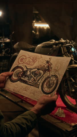 Vertical shot of unrecognizable man studying detailed motorcycle sketch before repairing it in his garage workshop
