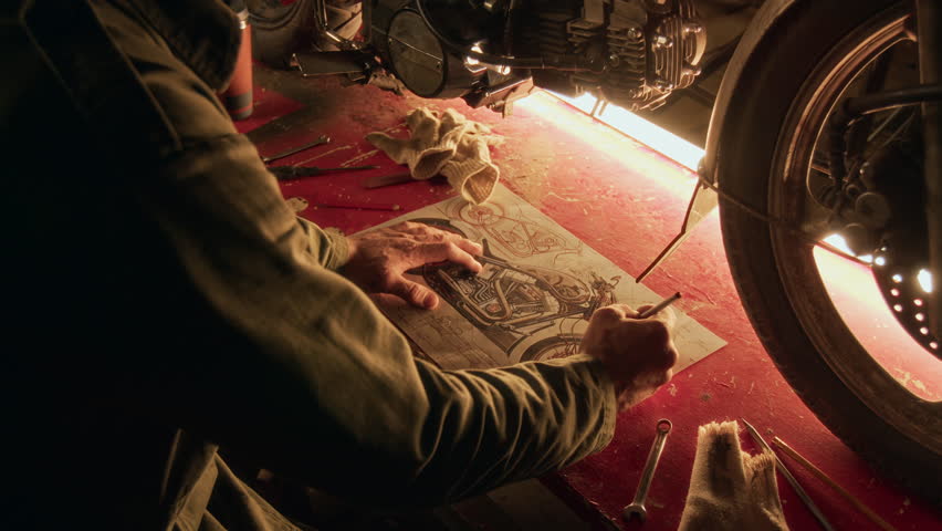 Close-up shot of unrecognizable mechanic making notes with pen on detailed motorcycle blueprint in his workshop