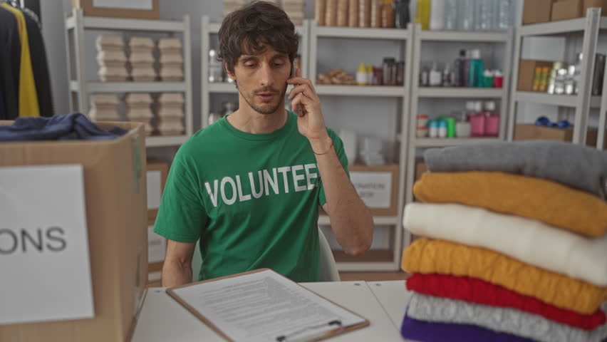 Man holds clipboard and talks on phone inside a building donation center amid stacked clothes and boxes on shelves; compassion.