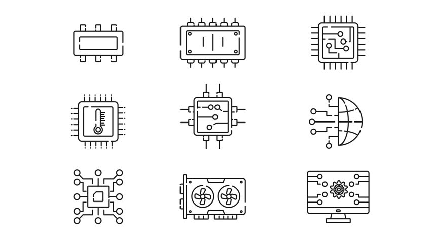 Set of microcircuits linear animation. Microcircuits linear animation features computer hardware components, suitable for tech presentations, educational materials, or digital technology projects.