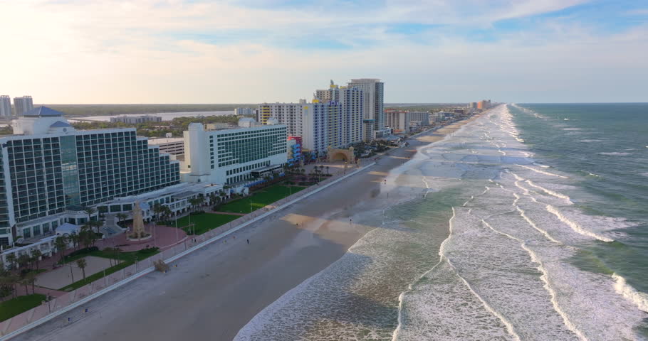Daytona Beach, Florida. Coastal real estate with premium condos and hotels forming part of vibrant tourism infrastructure in southern USA.