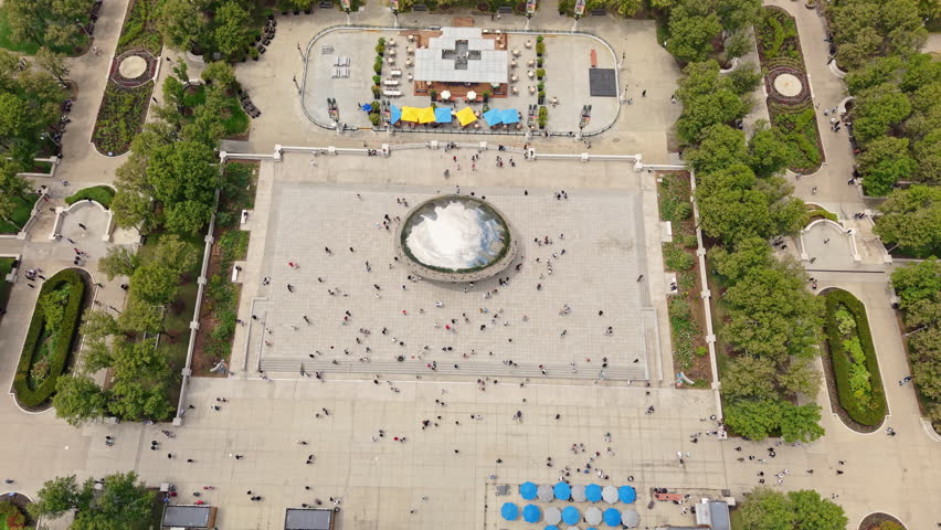 The Bean aka Cloud Gate, Chicago USA. Birdseye Aerial View of City Landmark in Millennium Park