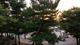 Sunset over a modern sports stadium and track field with colorful sky and urban skyline - Powered by Shutterstock - Get 15% off with code: PIKWIZARD15