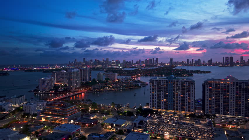 Miami, Florida USA at NIght, Aerial View of Downtown Skyline From South Beach Over Venetian Islands