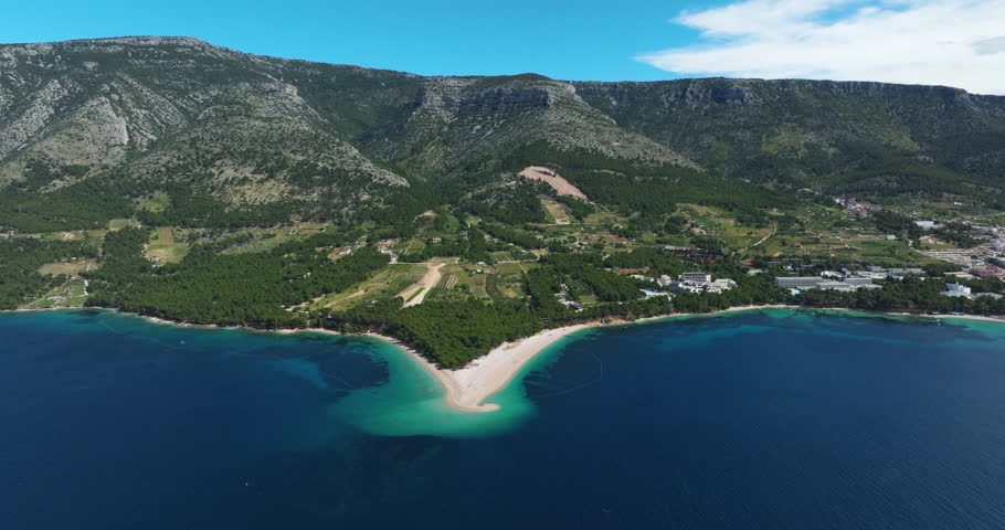 Vidova Gora Mountains In Golden Horn Beach, Spit, Croatia. Aerial Drone Shot