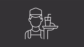 Waiter white line animation. Restaurant service animated icon. Shaking head, drink. Moving hand. Professional worker, employee. Isolated element on dark background. Alpha transparent video - Powered by Shutterstock - Get 15% off with code: PIKWIZARD15
