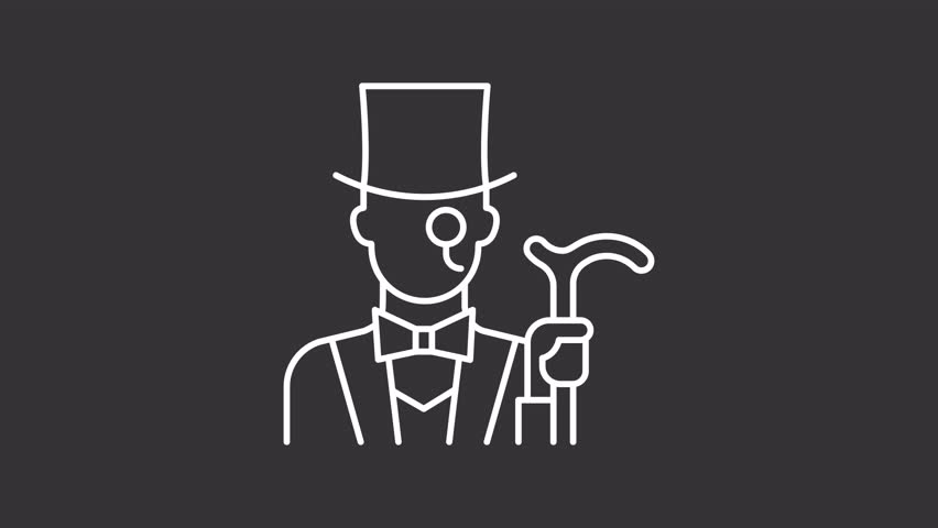 Aristocratic elite white line animation. Wealthy person animated icon. Shaking head. Moving hand with cane. Elegant man, nobility. Isolated element on dark background. Alpha transparent video