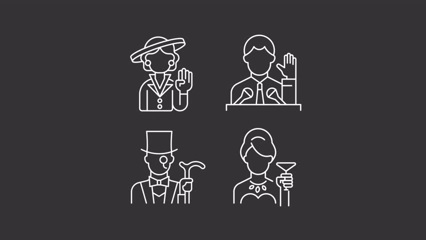 Rich people animation set. Social elite animated white line icons. Public speaker. Politician, aristocracy. Luxury, success. Isolated elements on dark background. Alpha channel HD video