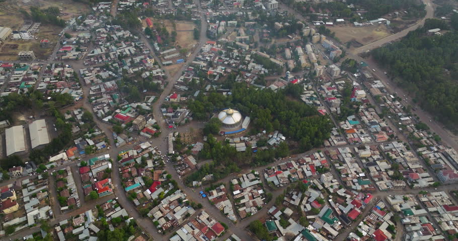 Dome Orthodox Church In Gondar City, Ethiopia. Aerial Drone Shot