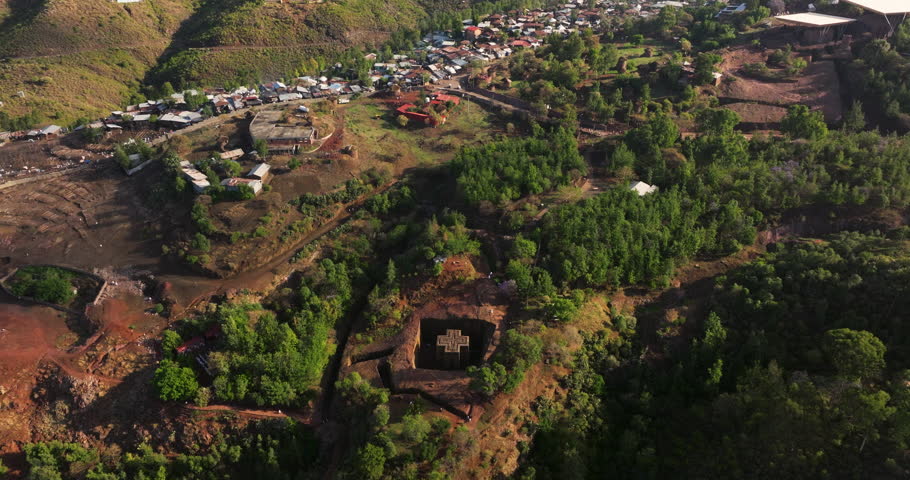 St. George Church In Lalibela Town, Ethiopia - Aerial Drone Shot