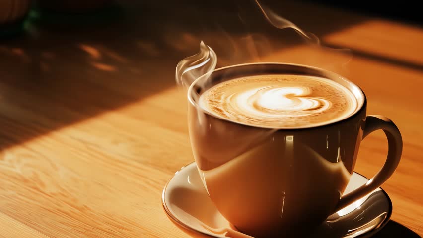 Cup of Hot latte with Milk for Breakfast Close up. Creamy Beverage in Mug in Morning Menu of Modern cafe. Coffeeshop with Instant Dairy Drink or Drip Filter Caffeine. coffee. Coffee with steam. cocoa