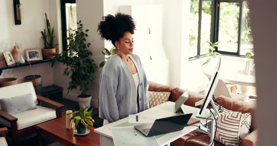 Home office, meditation and calm woman breathing to relax for remote work, mental health and break. Creative freelancer, technology or person at standing desk for zen practice, mindfulness and peace