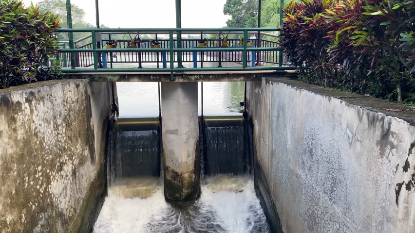 Flowing water passes through the open floodgate of a hydroelectric dam, channeling through the spillway system.