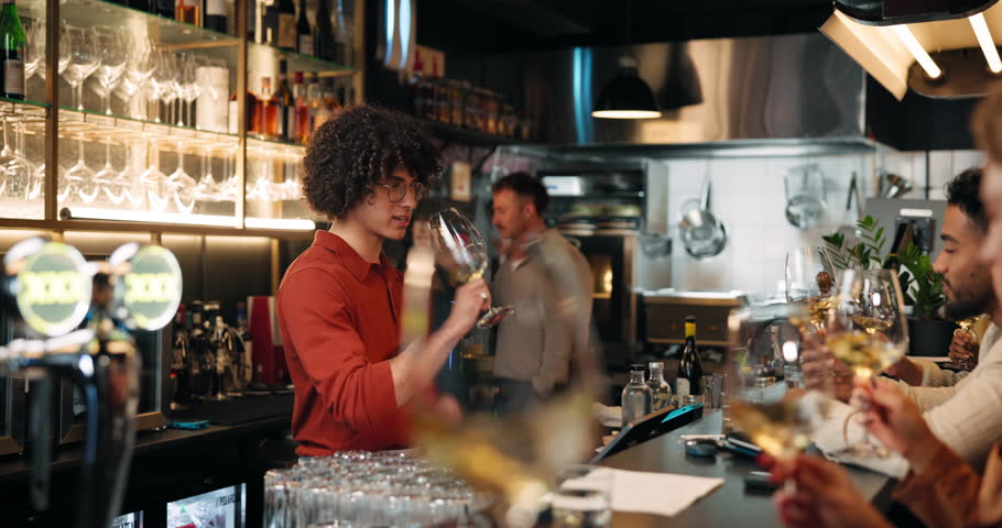 Barman, people and swirl wine in glass for taste testing, quality control and aroma demonstration. Customers, bartender and drinking alcohol, balance flavour and evaluation process to prepare palate