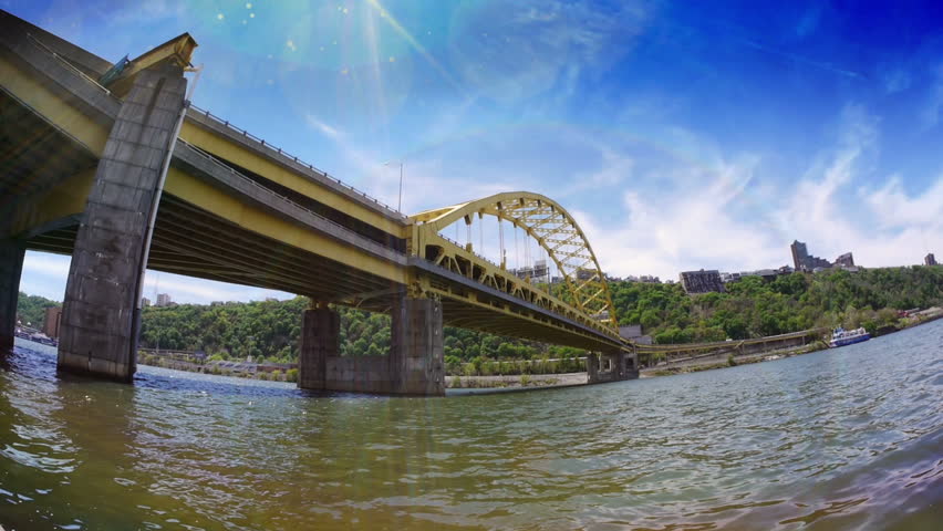 An extreme fish eye view of the Fort Pitt Bridge in downtown Pittsburgh,