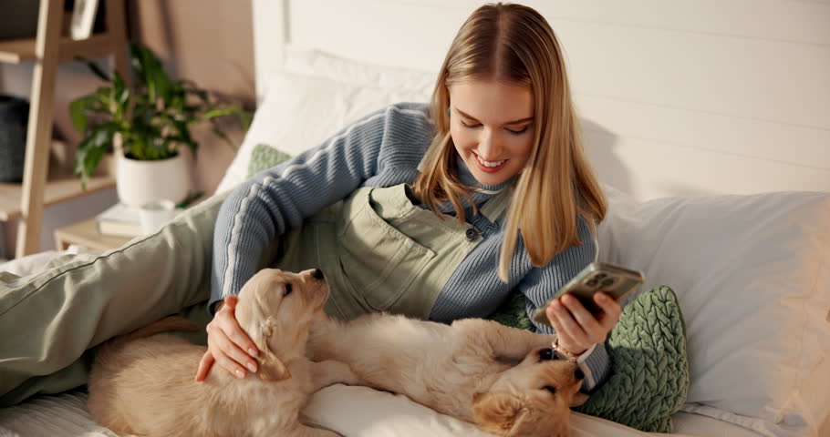 Phone, dog mom and puppies for stroke on bed in home bedroom for fun, social media or bonding. Pet insurance, adoption and house with golden retriever animals and woman with tech, care and love