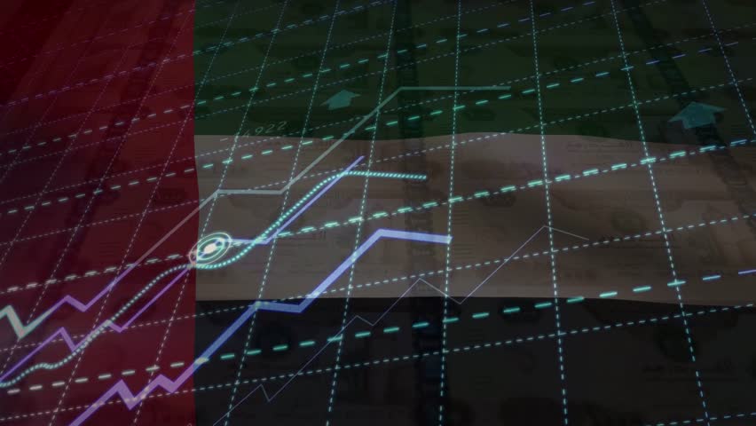 United Arab Emirates flag with Growing financial charts and diagrams showing increasing profits. Economic or stock market concept with United Arab Emirates dirham banknote.