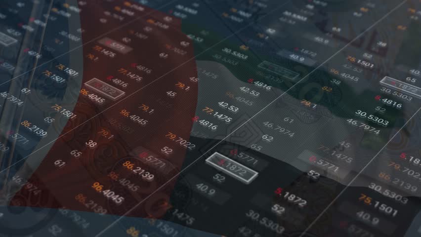United Arab Emirates flag with Growing financial charts and diagrams showing increasing profits. Economic or stock market concept with United Arab Emirates dirham banknote.