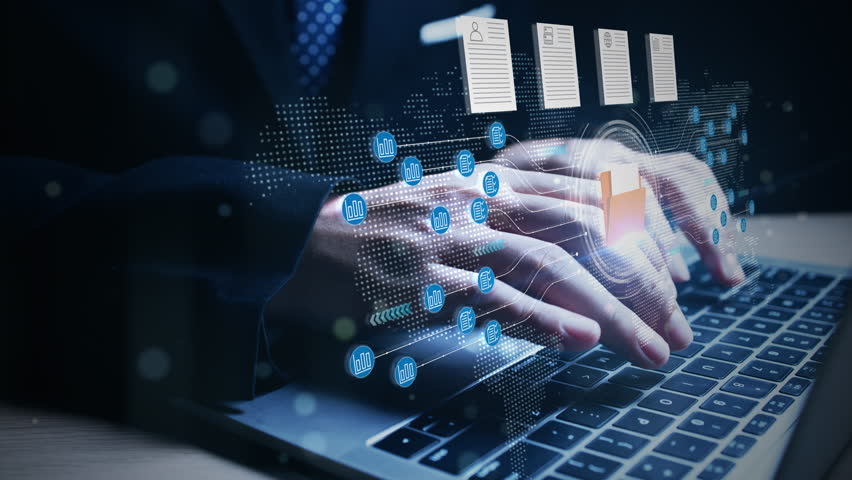 Hands on laptop keyboard with virtual document icons and data flow graphics, symbolizing secure online document transfer, cloud storage, and digital file management.