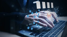 Hands on laptop keyboard with virtual document icons and data flow graphics, symbolizing secure online document transfer, cloud storage, and digital file management. - Powered by Shutterstock - Get 15% off with code: PIKWIZARD15